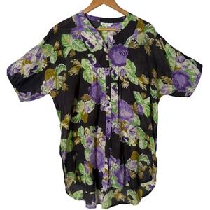 Masai Floral‎ Print Button Down Tunic Top Size M Colorful Artsy Beach Cover Up
